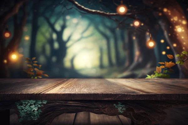 A wooden table with a forest scene in the background with lights on the trees and leaves forest background a detailed matte painting magic realism