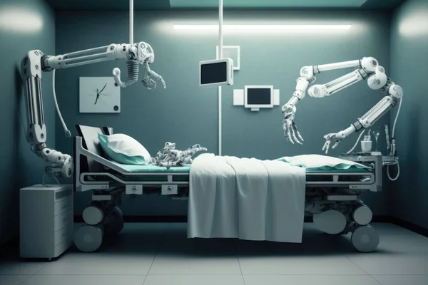 A hospital room with a bed and medical equipment in it and a robot arm reaching out to the bed cybernetics a stock photo les automatistes