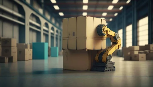 A robot is moving boxes in a warehouse with a lot of boxes on the floor redshift render a 3d render les automatistes
