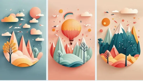 Three different paper art designs with different shapes and colors including a hot air balloon colorful flat surreal design a storybook illustration process art