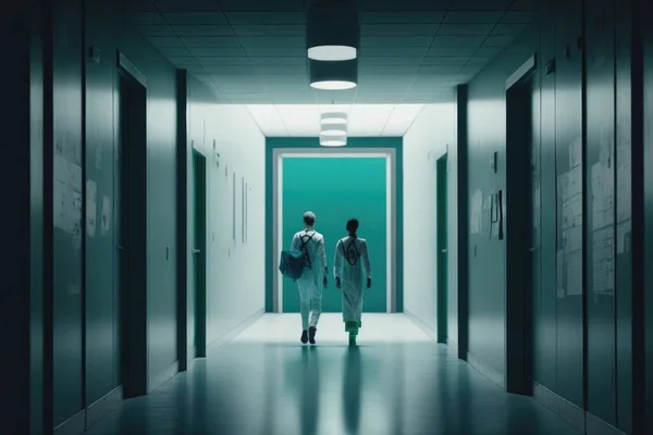 Two people walking down a hallway in a building with green walls and doors on either side promotional image poster art neoplasticism