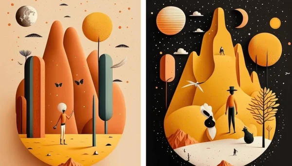 Two different illustrations of people and mountains with trees and mountains in the background one of which colorful flat surreal design an ultrafine detailed painting figurativism