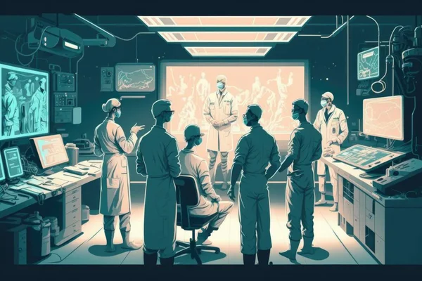 A group of doctors in a room with computers and monitors on the wall and a man standing in the middle of the room laurie greasley poster art process art