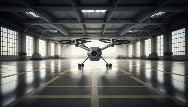 A large hangar with a small plane in the middle of it\'s floor area ue 5 a 3d render futurism