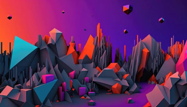 A colorful landscape with rocks and mountains in the background and a sky with a few birds flying over it cinema 4 d a low poly render generative art