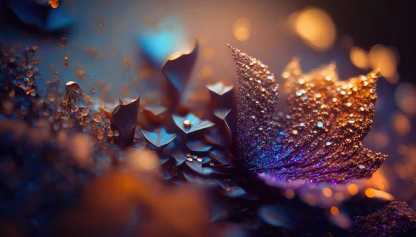 A close up of a leaf with drops of water on it\'s surface and a blurry background macro art a 3d render kinetic pointillism