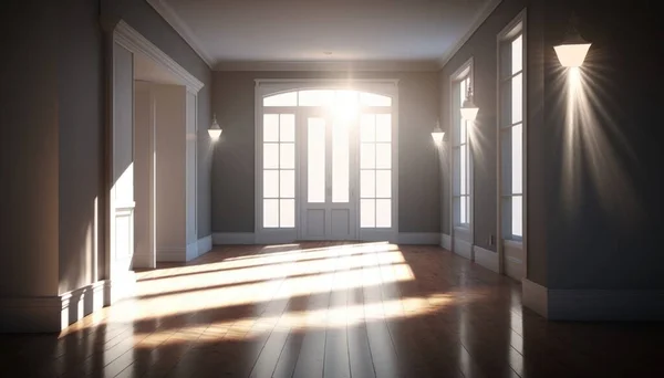 A room with a lot of windows and a light coming through the window on the wall vray caustics a raytraced image postminimalism