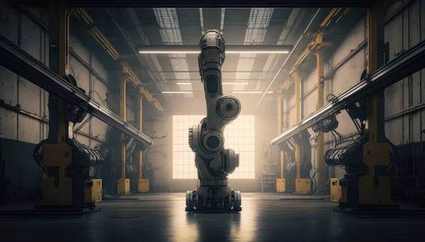 A large machine in a large warehouse with a window in the background and a light coming through the window redshift render a computer rendering les automatistes