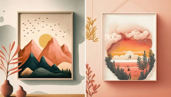 A painting hanging on a wall next to a vase and a painting on a wall in gouache detailed paintings an ultrafine detailed painting environmental art