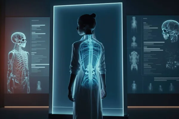A woman standing in front of a display of skeleton images in a museum of human anatomy anatomy a hologram holography