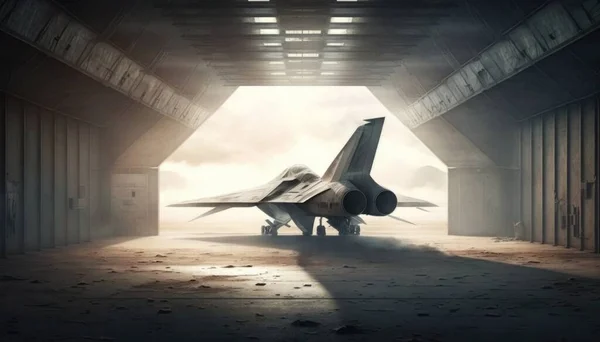 A fighter jet sitting in a hangar with smoke coming out of it\'s wings cinematic matte painting a detailed matte painting space art