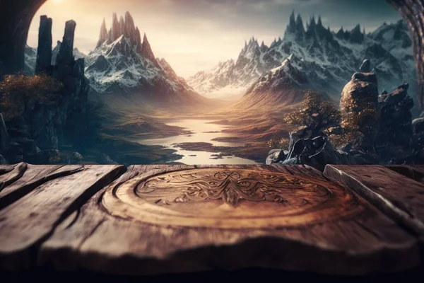 A wooden table with a view of a mountain range and a lake in the distance cinematic matte painting a detailed matte painting fantasy art