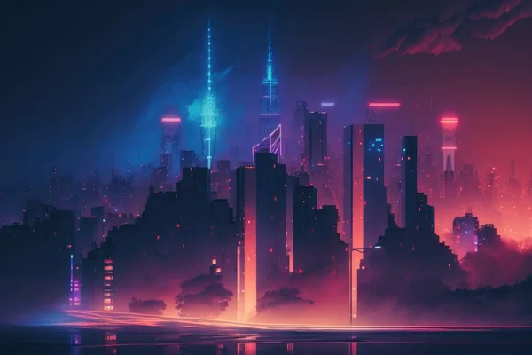 A city skyline with a neon blue and red light at night with a reflection of the city lights synthwave style a matte painting retrofuturism