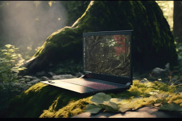 A laptop computer sitting on a mossy surface in the woods with sunlight streaming through the trees 8 k render a computer rendering computer art