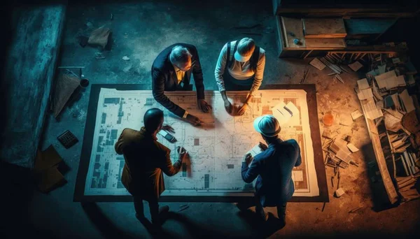 Three people standing around a table with a blueprint on it and a blue light shining on them blueprint a stock photo neoism