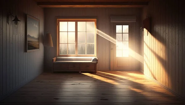 A room with a window a bench and a picture on the wall with a light coming through photorealistic lighting a raytraced image light and space