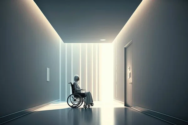 A person in a wheelchair in a room with a light coming through the door and a door way unreal 5 highly rendered cyberpunk art futurism