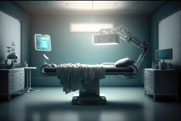 A hospital room with a bed and a robot arm in the middle of it and a monitor on the wall cybernetics an ambient occlusion render neoplasticism