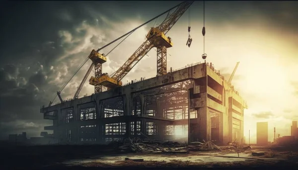 A large crane is standing in front of a building under construction with a cloudy sky cinematic matte painting a detailed matte painting constructivism