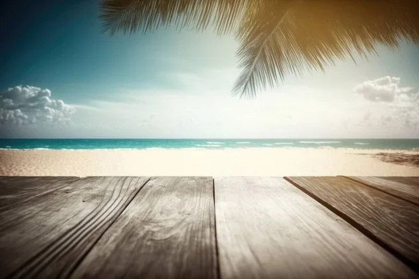 A wooden table with a view of the beach and ocean in the background with a palm tree beach a tilt shift photo dau-al-set