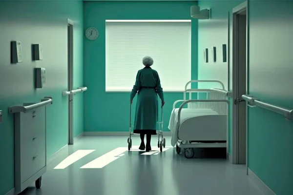 A woman in a hospital room with a walker next to a bed and a window promotional image a still life video art