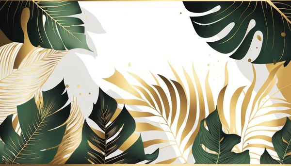 A gold and green tropical leaf background with a white background and gold trimmings jungle a storybook illustration art deco