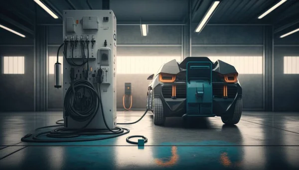 A futuristic car is charging in a garage with a gas pump in the foreground redshift render an ambient occlusion render retrofuturism