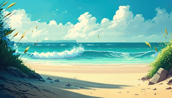 A painting of a beach with waves crashing in the background and a blue sky with clouds atey ghailan and mike mignola a painting plein air