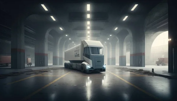 A semi truck is parked in a tunnel with lights on it\'s sides and a large truck bed redshift render a 3d render photorealism