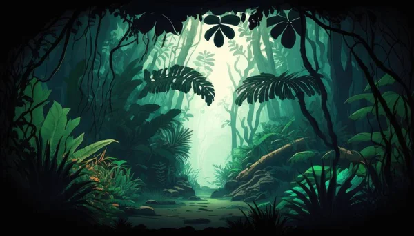 A painting of a jungle scene with a path through the trees and plants to the light jungle a detailed matte painting naturalism