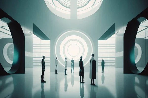 A group of people standing in a room with a circular window in the middle of it mass effect concept art constructivism