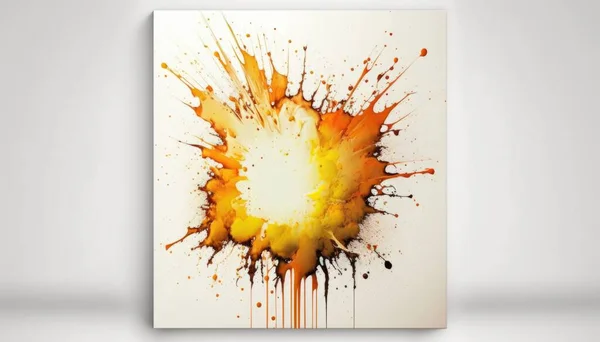 A painting of a yellow and orange explosion of paint on a white background with a white wall explosions an abstract painting auto-destructive art