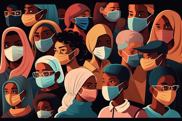 A crowd of people wearing face masks and wearing protectives to protect them from the sun editorial illustration an illustration of neoplasticism