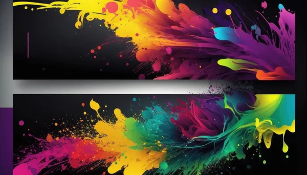 Two banners with colorful paint splashing on them one is black and the other is white vivid colors computer graphics computer art