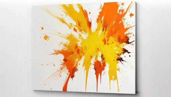 A painting of orange and yellow paint splattered on a white wall with a white background explosions an abstract painting action painting