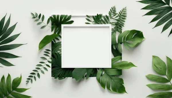 A white frame surrounded by green leaves on a white background with a blank space for text minimalist a minimalist painting temporary art