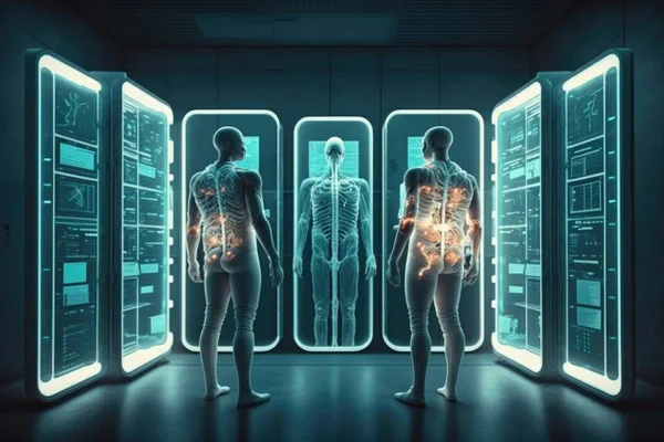 Two people standing in a room with a skeleton in the middle of the room and a glowing light in the middle of the room biopunk a hologram neoplasticism