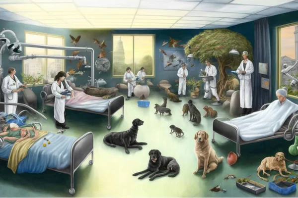 A painting of a hospital with dogs and people in it and a dog laying on the floor highly detailed digital painting a storybook illustration magical realism