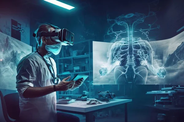 A man in a medical mask using a tablet computer in a room with a skeleton and a medical equipment biopunk a stock photo futurism