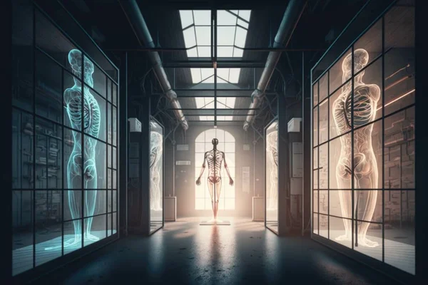 A hallway with a skeleton in the window and a skeleton in the doorway with a skeleton in the window anatomical cyberpunk art neoplasticism