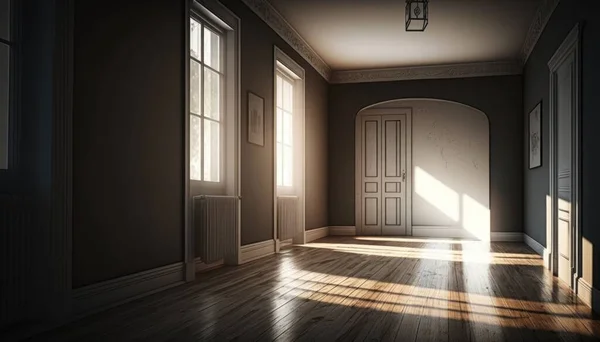 A room with a door and a window with a light coming in from it and a light coming in from the window photorealistic lighting an ambient occlusion render postminimalism