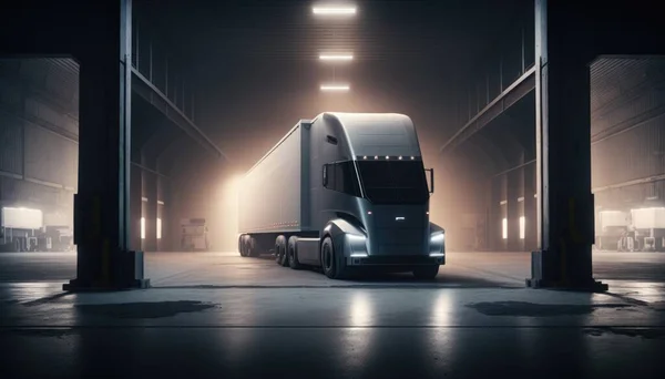 A semi truck parked in a warehouse with a bright light coming from the back of it redshift render a digital rendering futurism