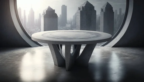 A table in a room with a view of a city skyline in the background with a circular window unreal 5 render a 3d render concrete art