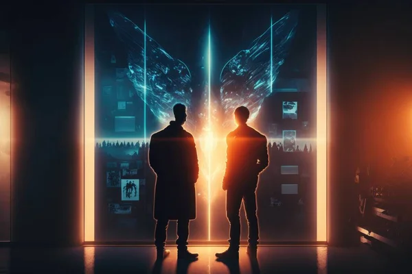 Two men standing in front of a doorway with a butterfly on it's face affinity photo cyberpunk art neo-figurative