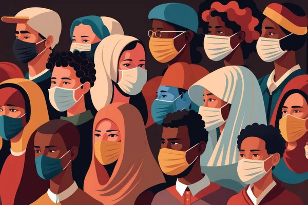 A crowd of people wearing face masks to protect them from the corona corona illustration by alex kohl editorial illustration an illustration of neoplasticism