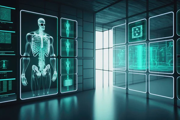 A futuristic room with a skeleton and a lot of screens on the wall and a door cybernetics computer graphics holography