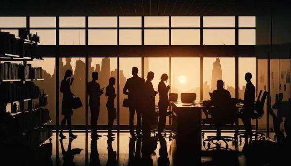 A group of people standing in front of a window in an office building at sunset backlighting a stock photo new objectivity