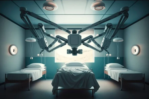 A hospital room with a bed and a hospital chair in it and a window with lights cybernetics a stock photo neoplasticism