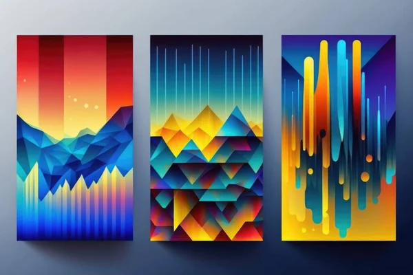 Three colorful banners with mountains and mountains on them each with different colors and shapes colorful flat surreal design an abstract painting geometric abstract art