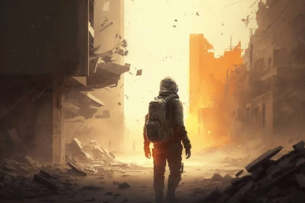 A man in a gas mask walks through a destroyed city street with debris and debris dystopian art concept art sots art
